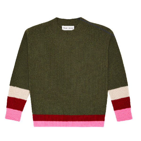 Pink Striped Sleeve Jumper - Olive Green