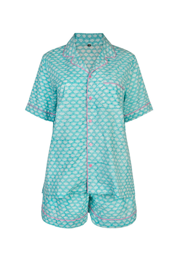 Wave Print Short Pyjama Set - Aqua Splash
