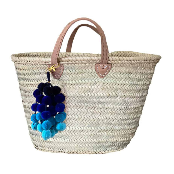 FSB Loves French Basket with Tan Leather Handles Blue Pompoms